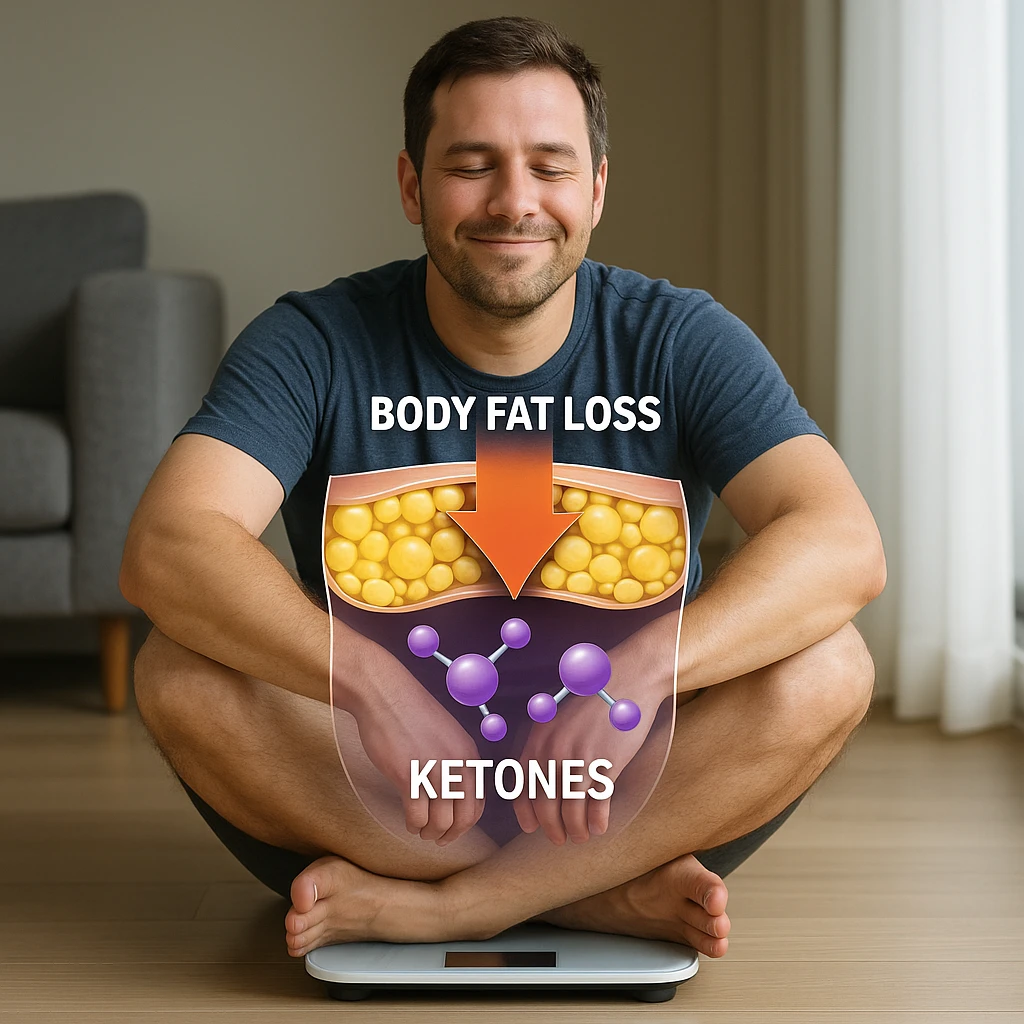 man in 4K sitting on a scale with transparent illustration showing body fat loss and ketone production, satisfied expression emoji
