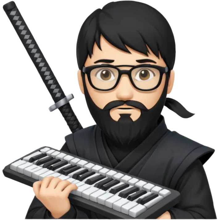 Man with black hair and beard wearing glasses in a ninja costume. Keep the top left version, make the beard longer and add a computer keyboard  emoji