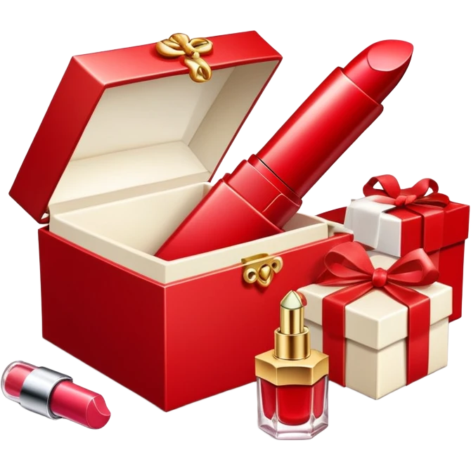 an open gift box with lipstick, cream jar, and perfume bottle spilling out emoji