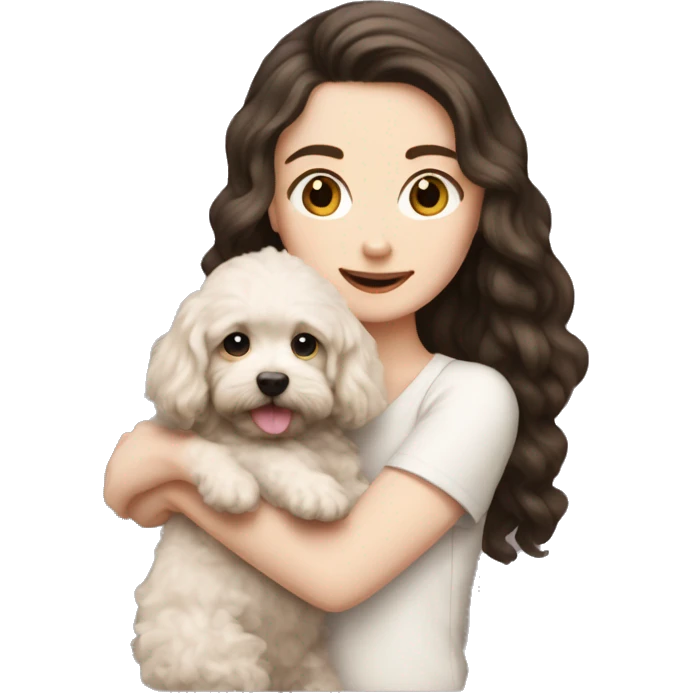 pale white girl with long black hair holding brown bichpoo puppy emoji