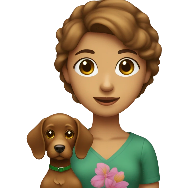 chica de pelo rizado marron con ojos verdes con un perro labrador color caramelo emoji