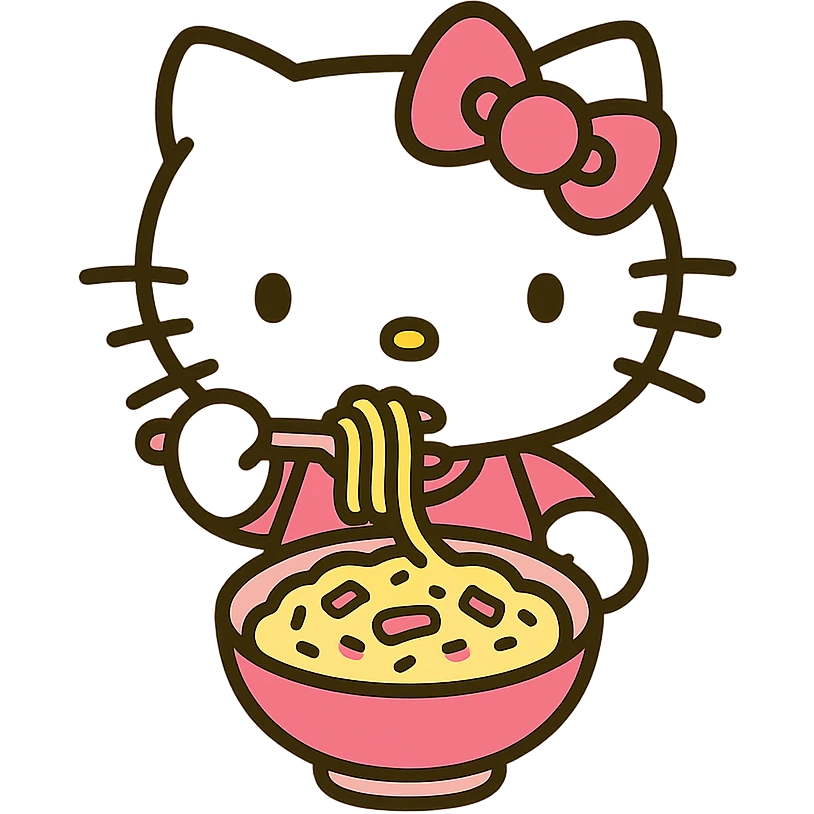 Hello Kitty eating Buldak Carbonara, pink and white girly aesthetic, icon style emoji