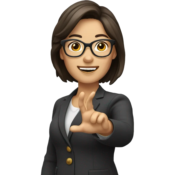 shoulder length brunette teacher wearing glasses and waving emoji