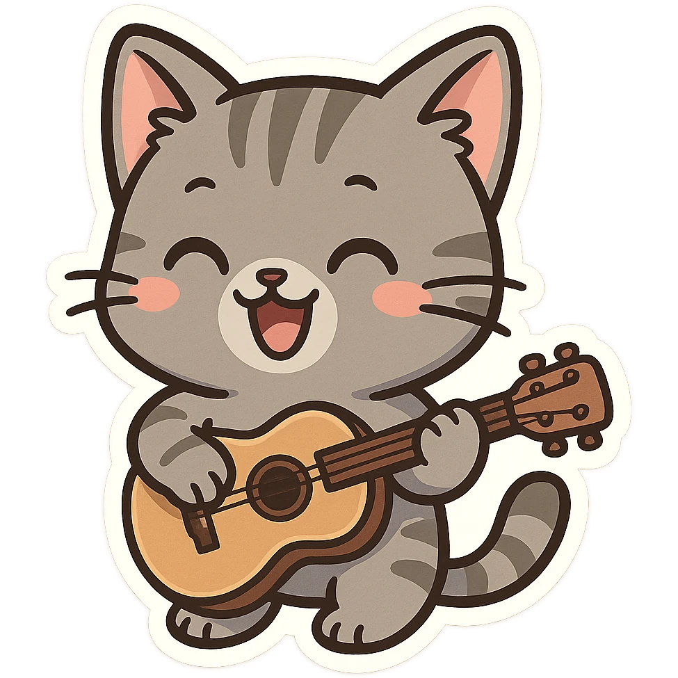 cute grey tabby cat with stripes, playing an acoustic guitar, cheerful mood emoji