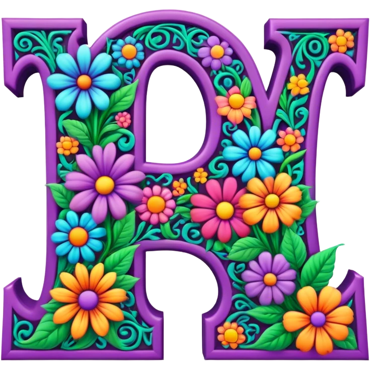 3D, gothic style psychedelic colored Letters, word Gwynn with hippie style flower border emoji