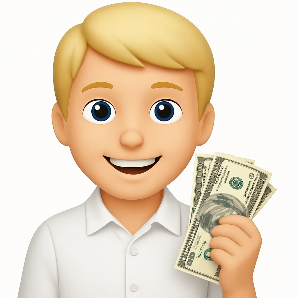 Emoji style, blonde man, blue eyes, white shirt, holding money, smiling, no facial hair emoji
