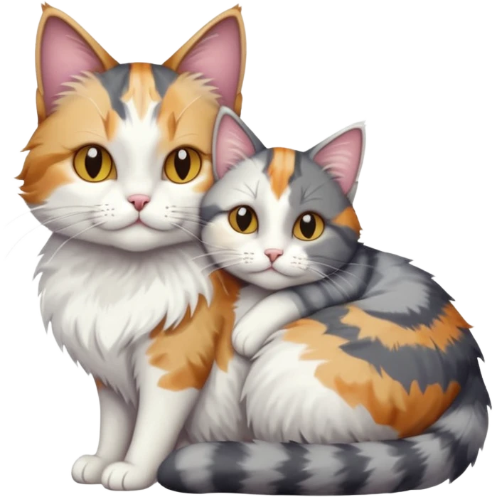 full body colourful light patched calico + white tabby cat cuddling a grey and white cat  emoji