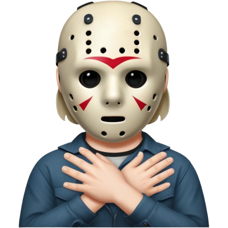 Jason Voorhees, looking cute, with his hands clasped in front of him, at a sideways angle, looks like he is in love emoji