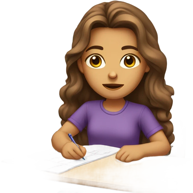 girl with long wavy brown hair in a purple shirt like the normal emoji and brown eyes taking a test  emoji