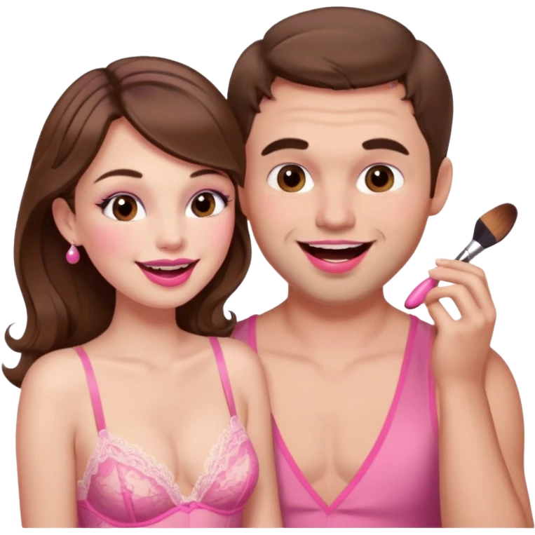 brown hair male getting sissified in pink lingerie dress by his wife. the wife is laughing. she is doing makeup emoji