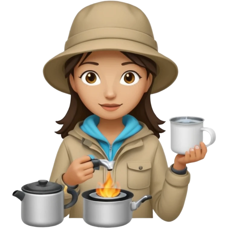 A woman camper boiling water on a portable stove, enjoying the outdoor emoji