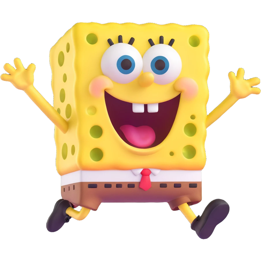 SpongeBob SquarePants, 3D emoji style, rounded features, playful look, jumping pose emoji