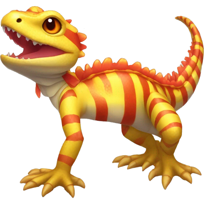 A Yellow Shiny Anthro-Scalie-Lizard-Reptile-Salamander-Fakémon with red stripes and orange frills Full Body emoji
