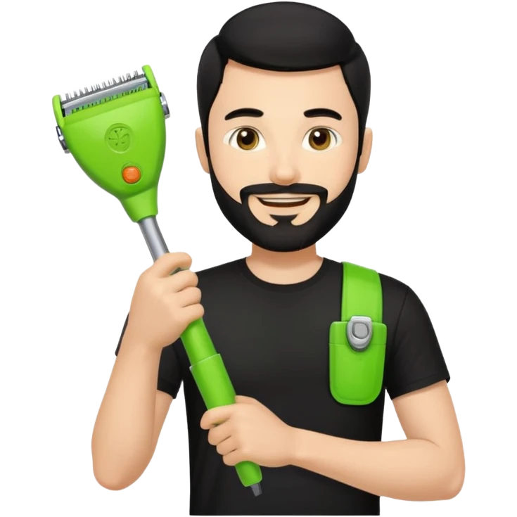 young handsome fair-skinned man with black hair and beard, holding a lime green trimmer in one hand, smiling, wearing a black t-shirt, iOS emoji style emoji