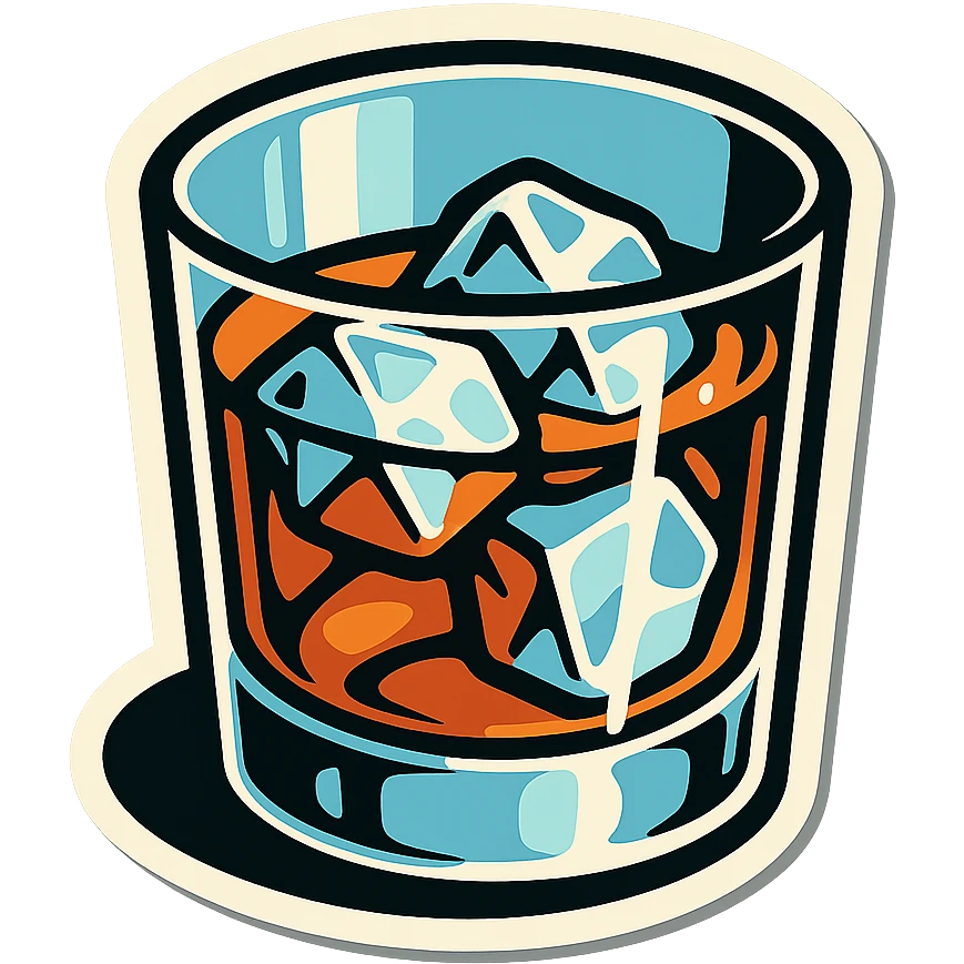 whiskey glass with ice cubes, retro stickers style, clear black outlines, expressive shadows and highlights, no gradients, only sharp color transitions, slightly top view emoji