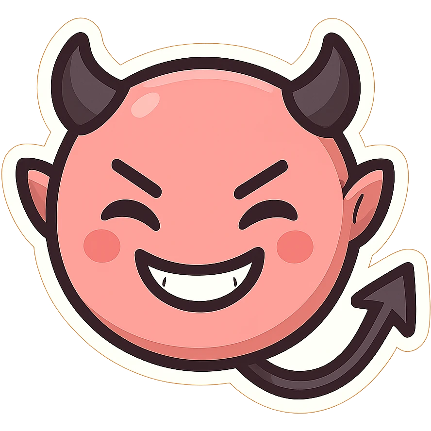 devil emoji in chibi style with pink and black colors, small horns, mischievous grin, cute expression emoji
