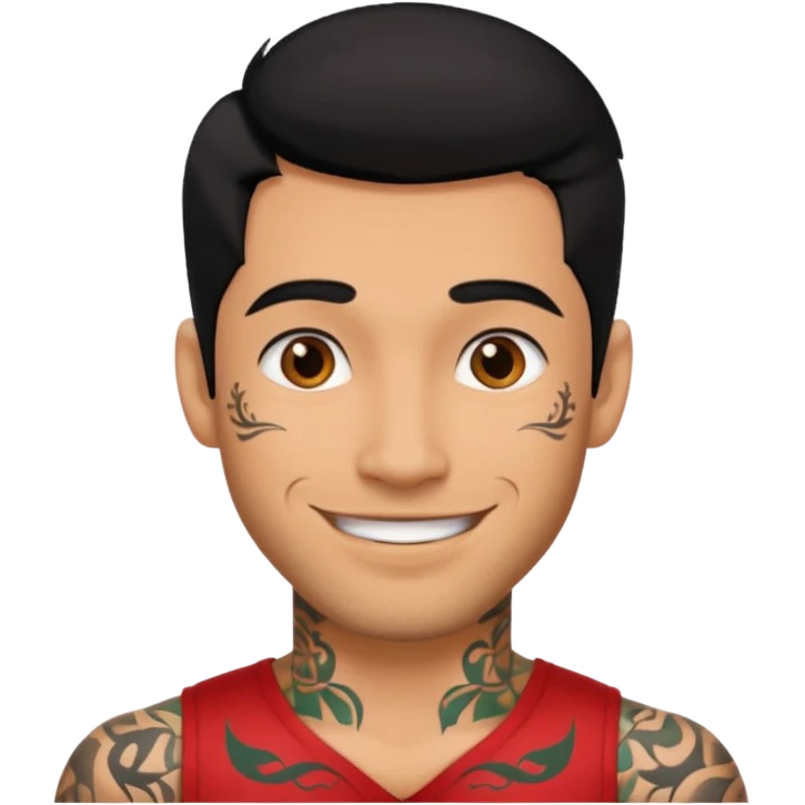A man in tattoos handsome with flirty smile till legs black hair, bristle  emoji