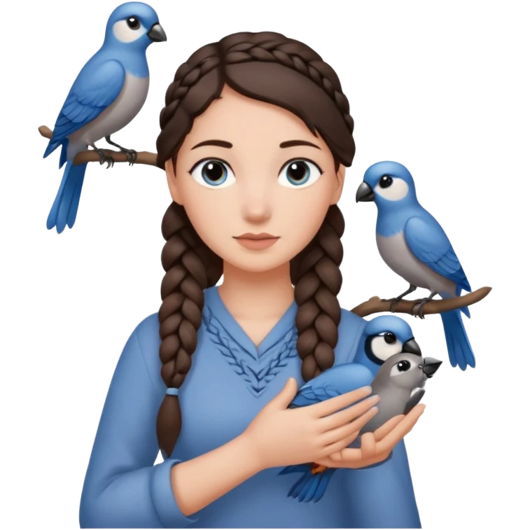 женщина с темно-коричневой косичкой набок и серо-голубыми глазами и светлой кожей держит на руке трех птиц коричневого и серого цвета emoji
