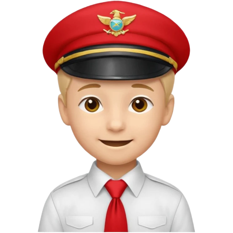 A Soviet pioneer emoji — smiling young boy wearing a bright red tie (pioneer neckerchief) and a red pilotka cap. White shirt, neat and cheerful, minimal flat emoji style, simple colors, clear outlines, professional emoji design. emoji