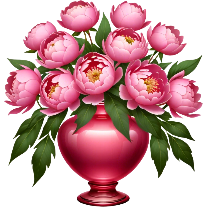 Lush Shell Pink peonies bloom gracefully in a Venetian Red glass vase, their soft petals glowing in the light. An Angel Pink silk bow drapes elegantly around the vase, adding a touch of delicate romance." emoji