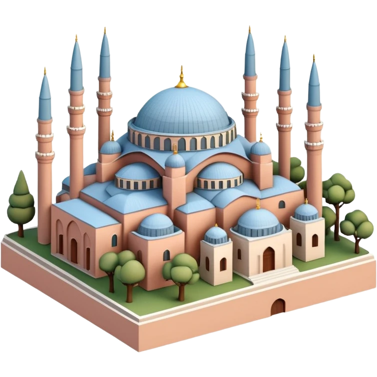 Isometric miniature of Istanbul, centered on Hagia Sophia with domes and minarets, surrounded by a few low-rise buildings and greenery, in pastel diorama style, soft shading. emoji