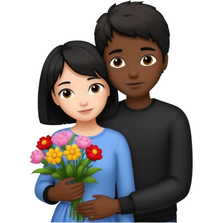 a pretty bratz fair girl with short black shaggy hair with a tall boy hugging her and flowers wearing black  emoji