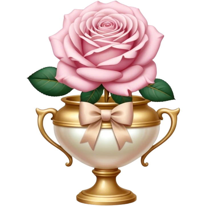 Realistic aesthetic powder pink rose in a pearl vintage vase and a beige bow with gold decoration  emoji