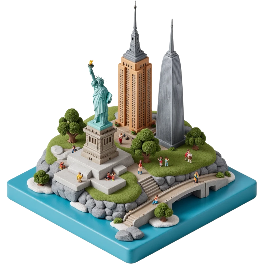 Isometric miniature of New York Сity Empire State Building, Chrysler Building, One World Trade Center, Statue of Liberty, Brooklyn Bridge emoji
