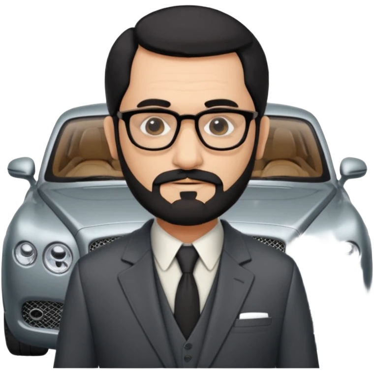 Professor Bentley Dyed black gray hair  frencb beard graying indian guy in suit with a bentley car. Older look with glasses slight balding emoji
