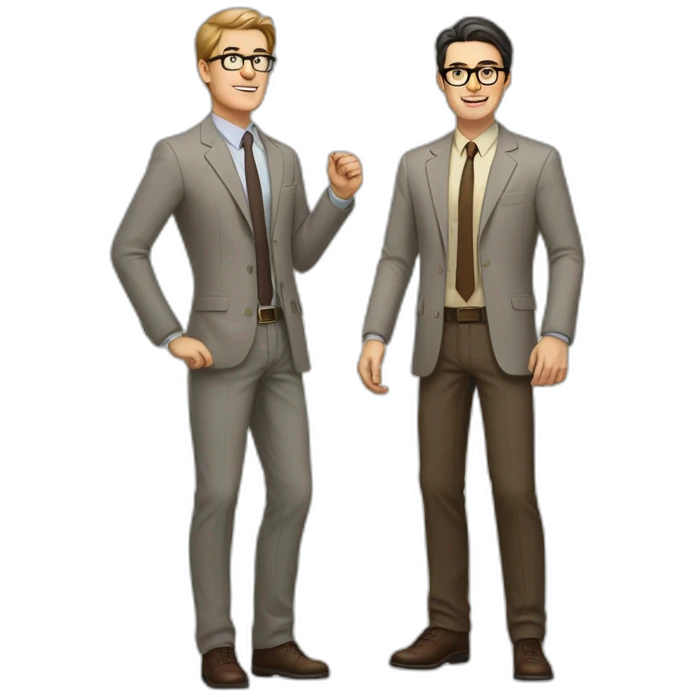 Full height Actively gesturing with hands Pale skinned fit man with dark brown hair in gray jacket, beige office shirt, brown tie, brown pants and vintage glasses. emoji