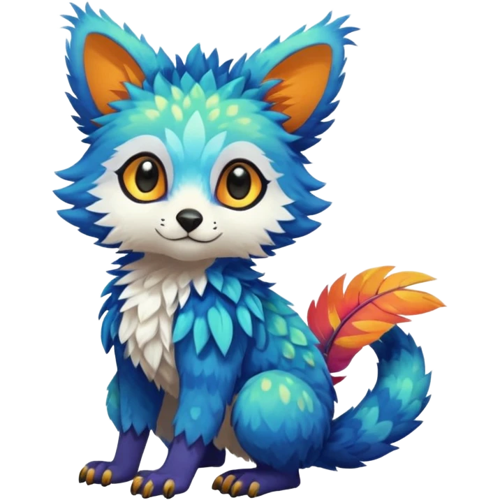 Colorful tropical exotic shiny beautiful fantasy-Trico-Cacomistle-oncilla-animal-Fakémon-hybrid-fursona (full body) emoji