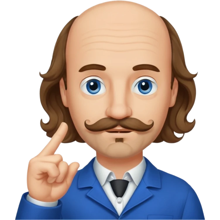 French writer Corneille, brown mi-long wavy hair, baldness on the forehead, moustache, goatee, dressed with a collar,blue eyes, with the finger up emoji