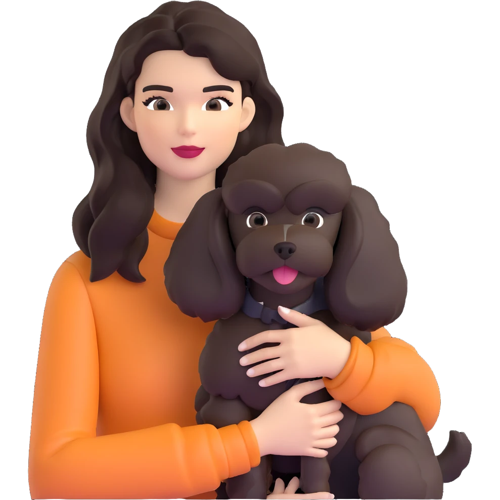 Kendall Jenner with long dark hair holding a brown poodle and a black schnauzer emoji