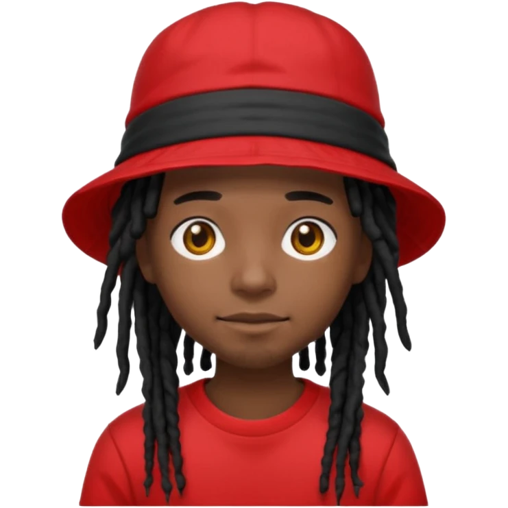dark brown skin, black hair dreadlocks, wear red t-shirt, black bucket hat emoji