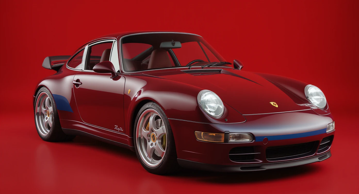 Medium shot of a porsche 911, body of car made of russian capret, red solid studio background, low keu light, top soft light, dutch angle,  captured by ARRI 65 emoji