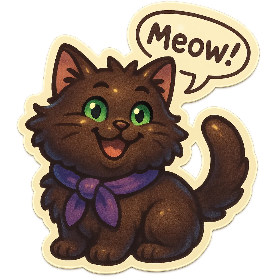 Fluffy cute silly smiling happy dark-brown cat with green eyes and a purple scarf saying ‘mEoW~!’ (With a speech bubble) emoji