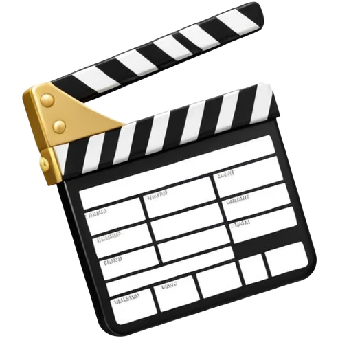 cartoon movie clapper, simple design with gold top part and white bottom part, black diagonal stripe emoji