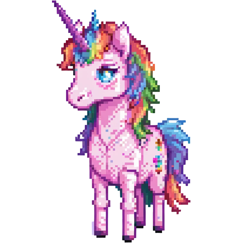 pink glitter unicorn with rainbow mane and rainbow horn in pixel art style emoji
