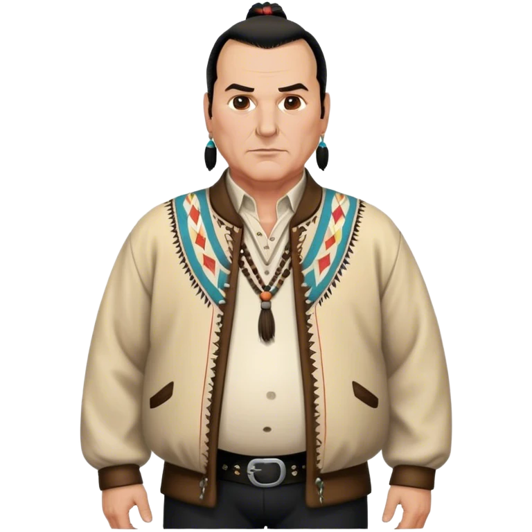 unhealthy steven segal standing render-entire-body balding with ponytail. pot belly. native american style jacket-with-tassles black pants big belly emoji