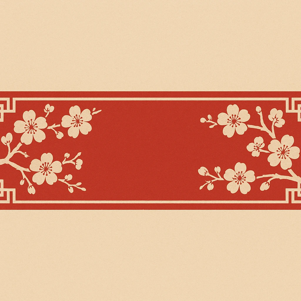 eastern style plaque for post signature, very wide and low long horizontal rectangle, only red and sand colors, decorated with sakura flowers, feng shui vibe, geometric ornament, no text, 900x180px emoji