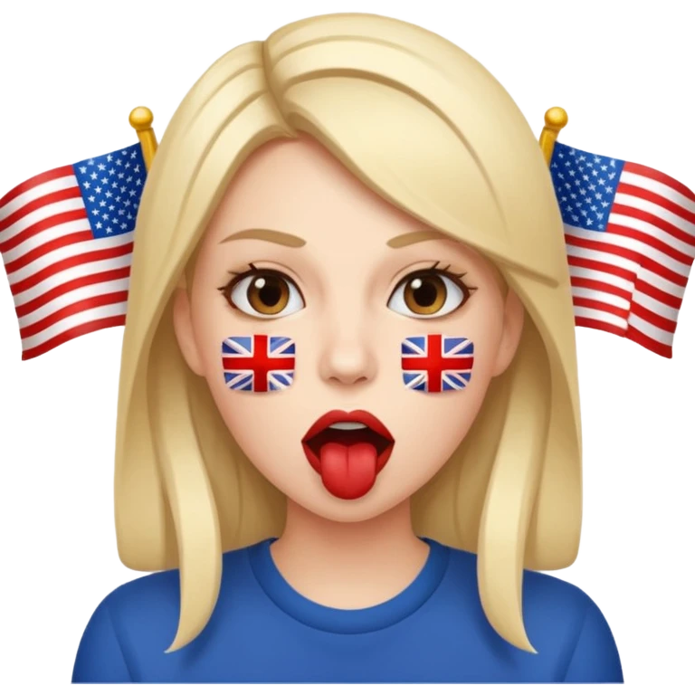 a woman is talking and the English and American flags are coming out of her mouth emoji