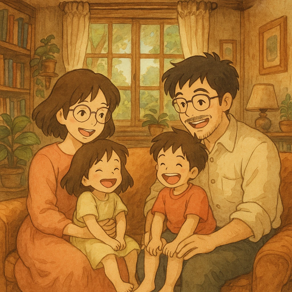 a cartoon family in ghibli style, warm and whimsical emoji