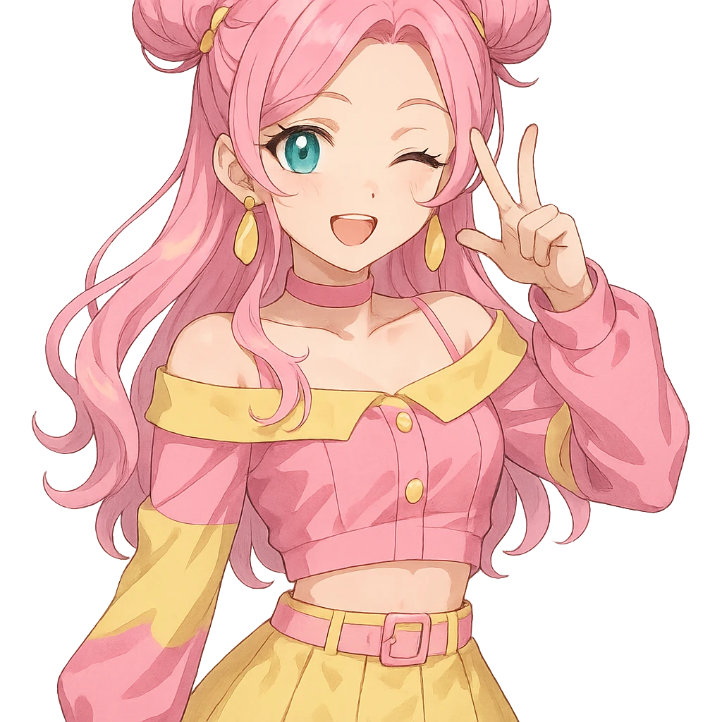 Fluttershy as a human K-pop idol in anime style, twin buns hairstyle, fashionable pink and yellow outfit, playful expression, transparent background emoji