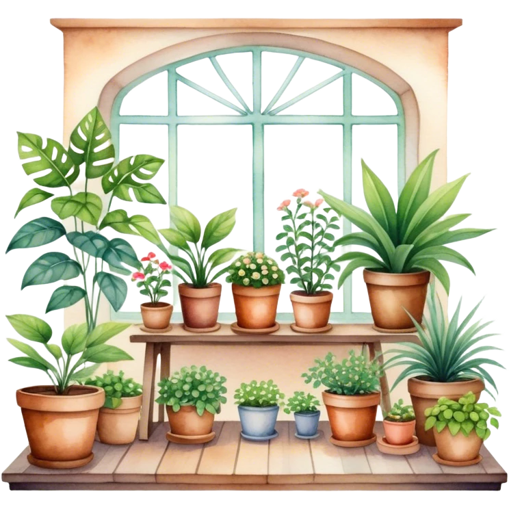 A cozy indoor garden scene with an assortment of potted plants, painted in a delicate and natural watercolor style. emoji
