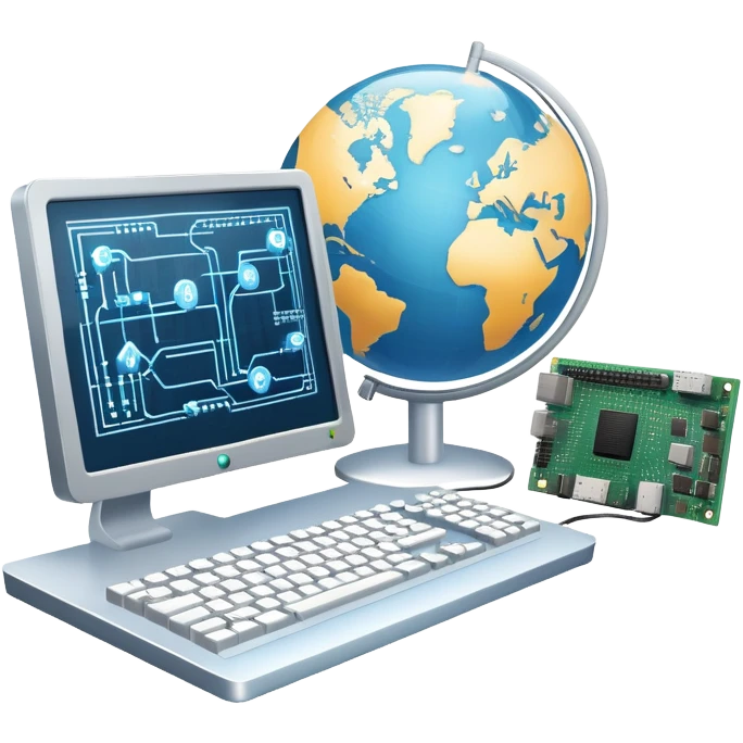 An icon featuring a computer monitor displaying code, a globe with network nodes, and a circuit board, symbolizing IT. The design includes data streams, cloud storage, and a keyboard, representing digital innovation, connectivity, and problem-solving. Transparent background emoji