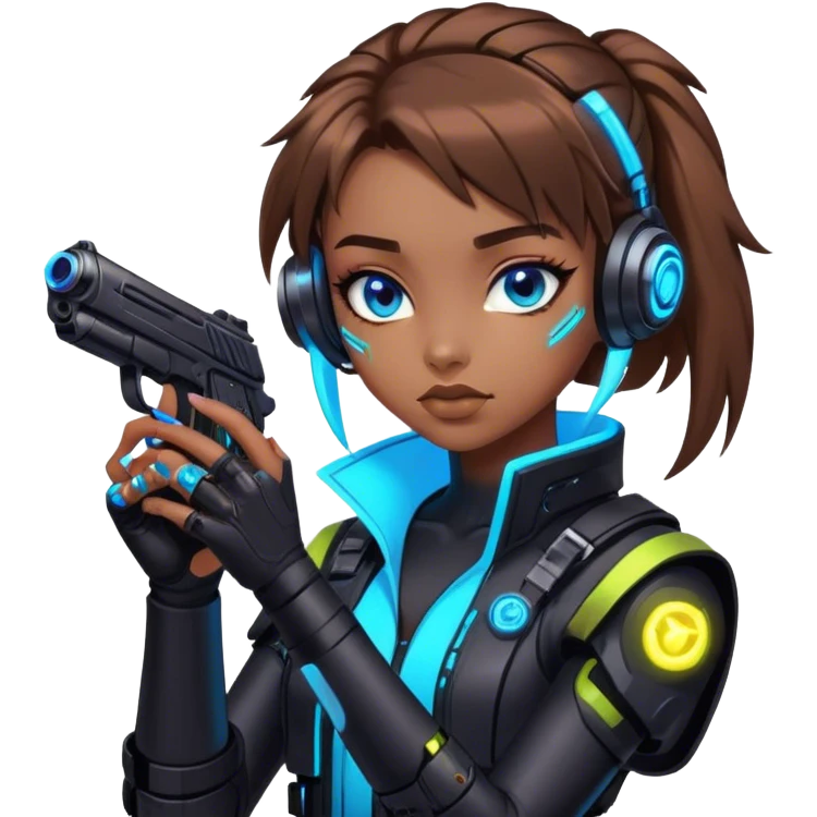 Neon cyberpunk style 
girl with brown hair and blue eyes 
shoots emoji