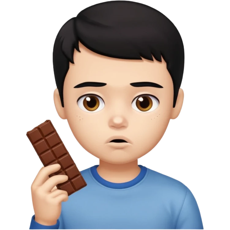 a PRETTY BRATZ boy with black hair eating chocolate and looking sad emoji