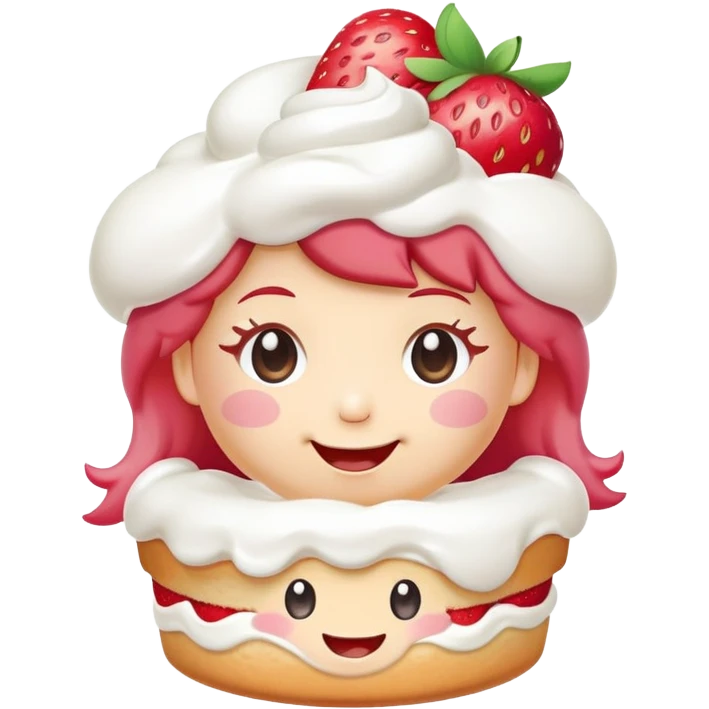 kawaii strawberry shortcake with whipped cream and a happy face emoji