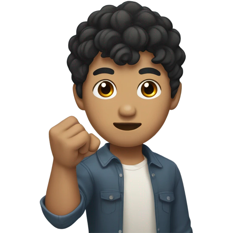 man with short curly black hair with bangs, asian skin type, left hand in a fist, right hand wraps around left hand  emoji