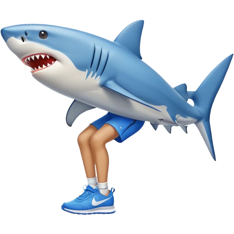 shark on the beach with human legs wearing blue Nike shoes, emoji style emoji